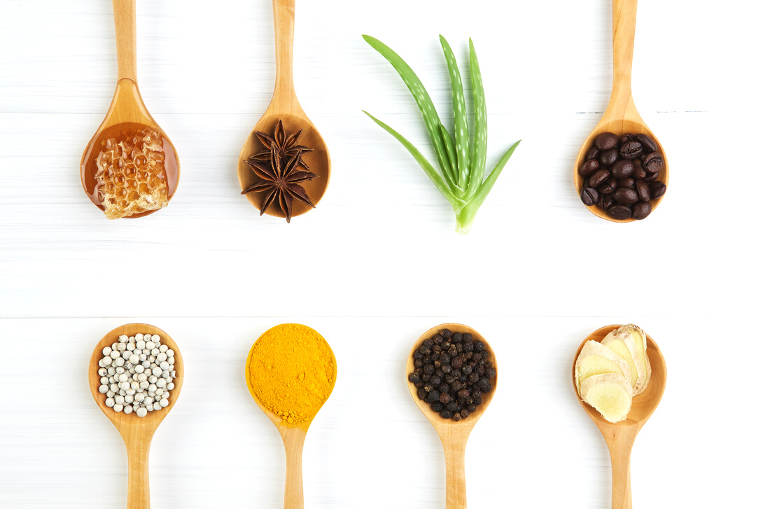 Natural Spa Ingredients. coffee beans, pepper, turmeric, ginger,